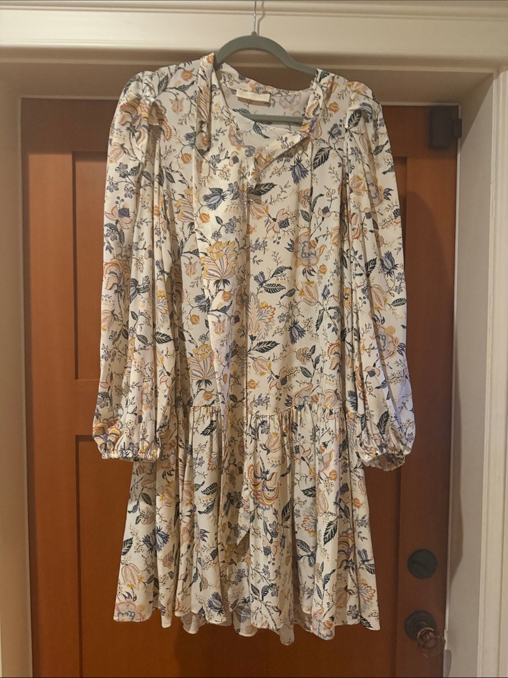 Ulla Johnson Cream Floral Long-Sleeve Tie-Neck Dress